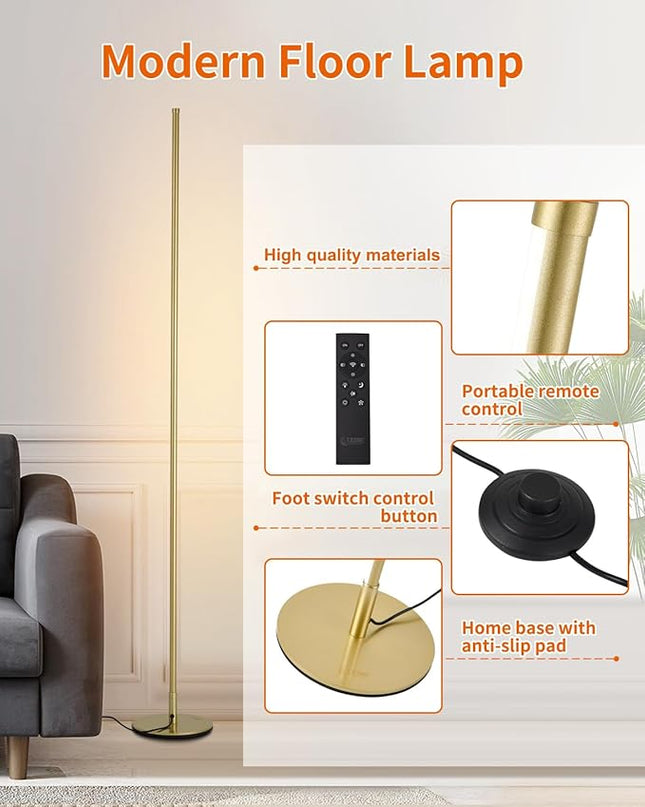 Modern Floor Lamp Led Standing Corner Lamp Gold Decor Contemporary Metal Floor Lamp for Living Room Bedrooms with Remote & Touch Control - LeafyLoom