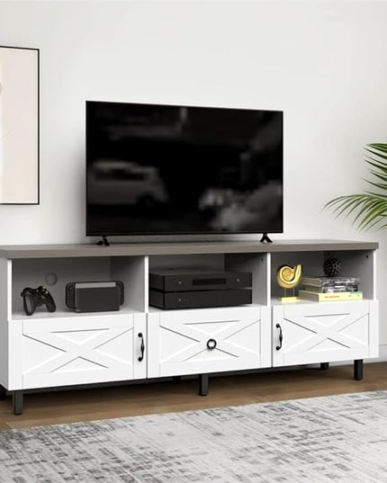 YITAHOME Mid-Century Modern TV Stand for 70/65/60/55 inch, Boho Wood TV Table Farmhouse Media Console with Storage Cabinet and Open Shelves for Living Room, Bedroom, 65 inch, White/Grey - LeafyLoom