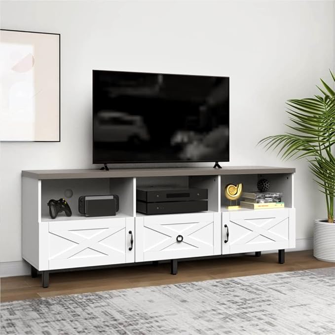 YITAHOME Mid-Century Modern TV Stand for 70/65/60/55 inch, Boho Wood TV Table Farmhouse Media Console with Storage Cabinet and Open Shelves for Living Room, Bedroom, 65 inch, White/Grey - LeafyLoom