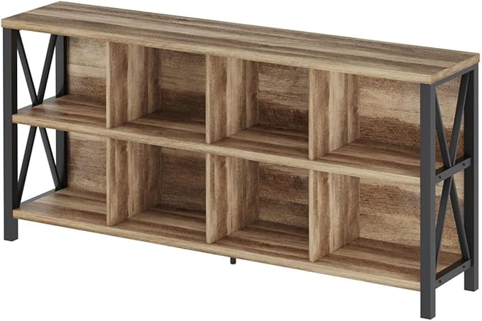 FATORRI 8 Cube Storage Organizer Bookshelf, Rustic Wood Cubby Bookcase, Industrial Horizontal Long Shelf for Living Room (Rustic Oak, 62 Inch) - LeafyLoom