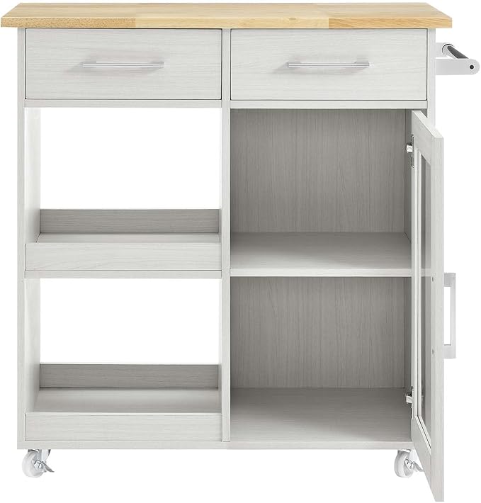 Modway Culinary Rolling Kitchen Cart with Storage in White Natural - 3 Tiers Kitchen Island on Wheels with Towel Bar, Functional as a Coffee Station, Bar Cabinet or Butcher Block Island - LeafyLoom