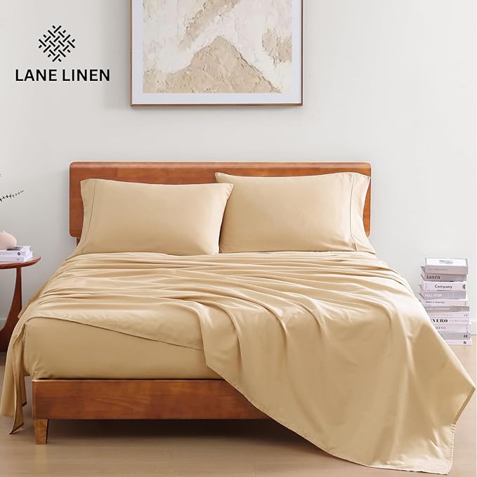 LANE LINEN King Size Bed Set - 4 Piece 100% Organic Cotton King Size Bedding Sheets & Pillowcases, Soft King Percale Sheets, Breathable, Luxury King Hotel Sheets, 15" Deep King Fitted Sheets - Linen - LeafyLoom