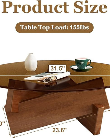 Coffee Table, Round Coffee Table for Living Room Modern Glass Coffee Table with Solid Wood Legs Farmhouse Mid Century Center Table Large Circle Cocktail Table (Walnut + Transparent, 31.5in) - LeafyLoom