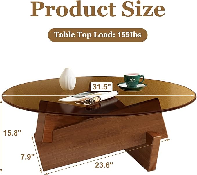 Coffee Table, Round Coffee Table for Living Room Modern Glass Coffee Table with Solid Wood Legs Farmhouse Mid Century Center Table Large Circle Cocktail Table (Walnut + Transparent, 31.5in) - LeafyLoom
