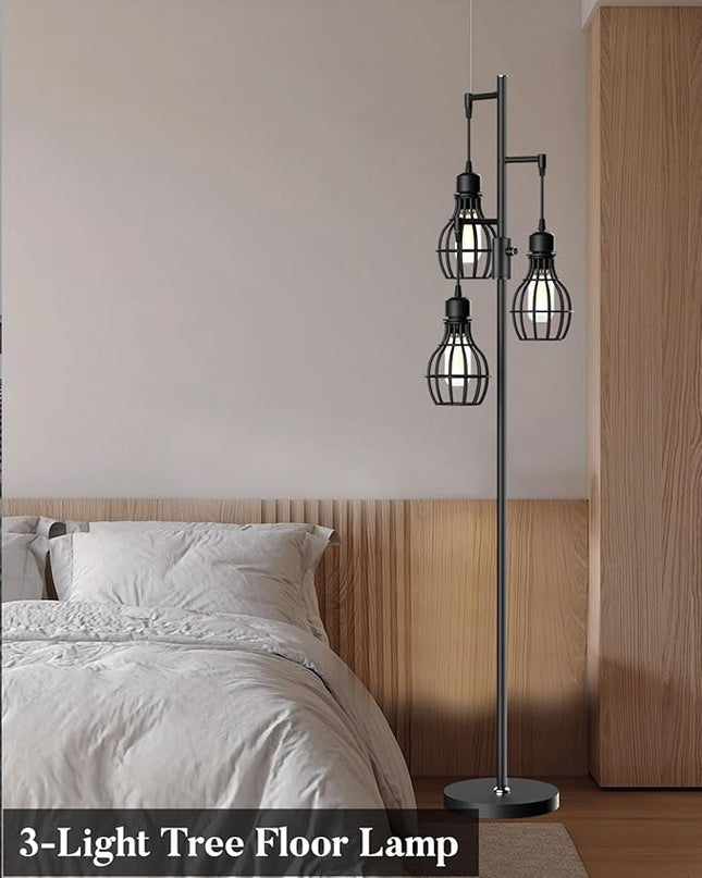 Lightdot 68IN Industrial Floor Lamp Dimmable (Brightness Adjustable), Farmhouse Tree Floor Lamp with E26 LED Edision Bulbs Included, 3-Light Tall Pole Standing Lamp for Living Room Bedroom-Black - LeafyLoom