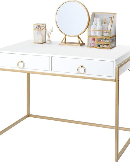 Anmytek Home Office Writing Desk 2 Drawers Storage, Contemporary Makeup Vanity Table Study Desk, W/Matte White and Gold Finish Frame D0003 - LeafyLoom