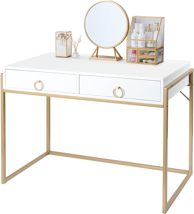 Anmytek Home Office Writing Desk 2 Drawers Storage, Contemporary Makeup Vanity Table Study Desk, W/Matte White and Gold Finish Frame D0003 - LeafyLoom