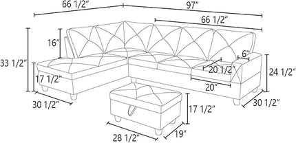 L-Shaped Sectional Couches with 66.5'' Chaise Lounge & Storage Ottoman Modular Room Sofas for Home Office Apartment, Large Living Furniture, 97'' Left Hand Facing, Blue Linen - LeafyLoom