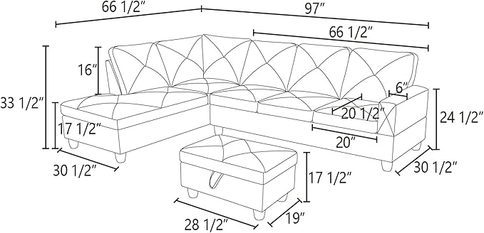 L-Shaped Sectional Couches with 66.5'' Chaise Lounge & Storage Ottoman Modular Room Sofas for Home Office Apartment, Large Living Furniture, 97'' Left Hand Facing, Blue Linen - LeafyLoom