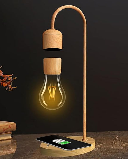 Magnetic Levitating Lamp with Wireless Phone Charging Pad Floating Light Bulb LED Night Light Wood Grain Table Lamp Levitation Desk Lamp for Office Home Decoration Christmas Gift - LeafyLoom