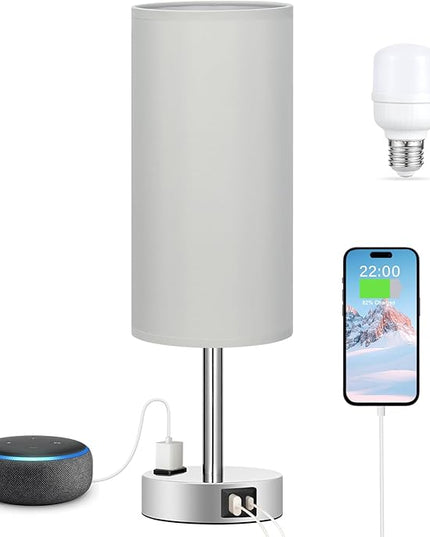 Light Grey Table Lamp for Nightstand - 3 Way Dimmable Touch Bedside Lamp USB C and A Charging Ports and AC Outlet, Small Desk Lamp with Silver Base for Office Nursery, LED Bulb Included - LeafyLoom