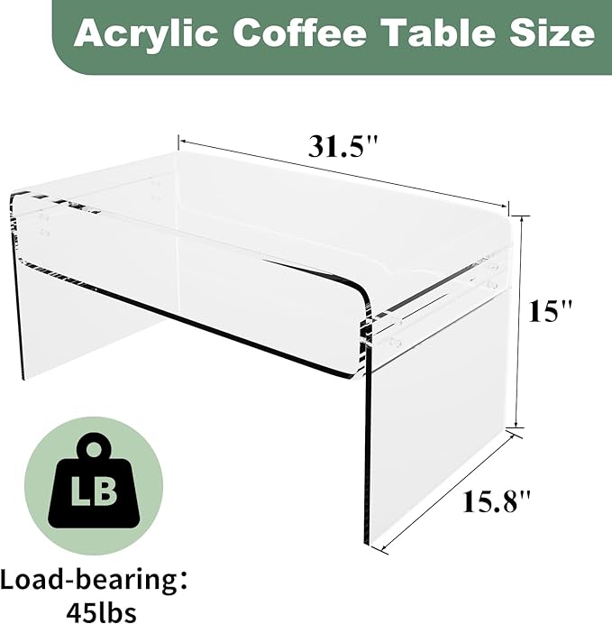 Acrylic Coffee Table, 31.5" Clear Coffee Table with Storage Shelf, Rectangle Centre Table, Modern Coffee Table for Living Room, Office，31.5" L x 15.8" W x 15" H - LeafyLoom