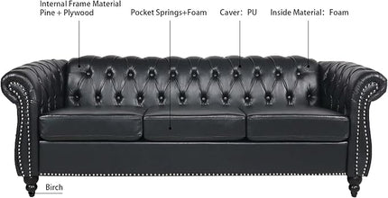 3-Seaters Living Room Clasic Chesterfield Sofa Couch Button Tufted PU Leather Upholstered Sofa&Couch with Luxury Roller Armrest Soild Wood Legs Movable Cushions & Nailhead Decor - LeafyLoom