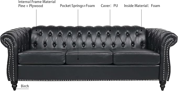 3-Seaters Living Room Clasic Chesterfield Sofa Couch Button Tufted PU Leather Upholstered Sofa&Couch with Luxury Roller Armrest Soild Wood Legs Movable Cushions & Nailhead Decor - LeafyLoom