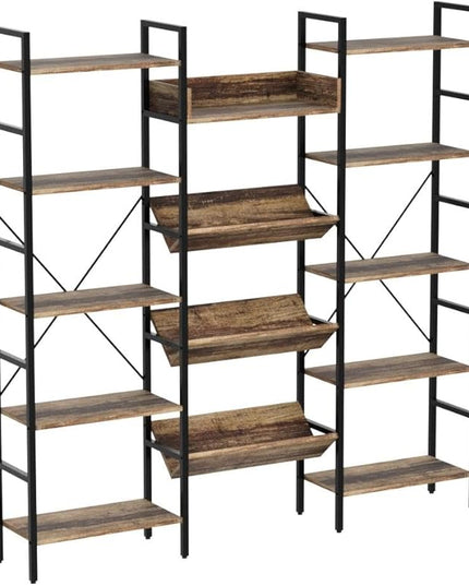 IRONCK Bookcases and Bookshelves Triple Wide 5 Tiers Industrial Bookshelf, Large Etagere Bookshelf Open Record Player Shelves with Metal Frame for Living Room Home Office - LeafyLoom
