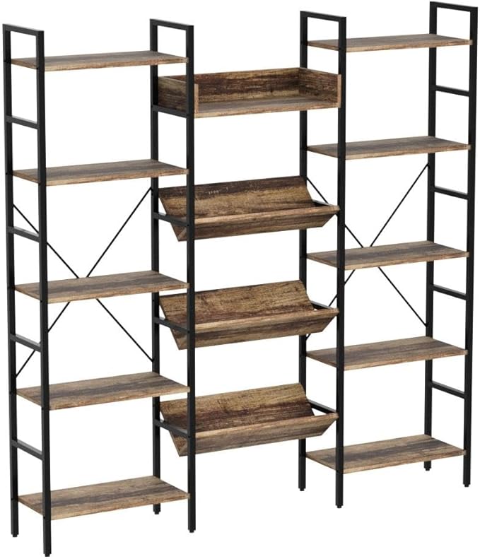 IRONCK Bookcases and Bookshelves Triple Wide 5 Tiers Industrial Bookshelf, Large Etagere Bookshelf Open Record Player Shelves with Metal Frame for Living Room Home Office - LeafyLoom