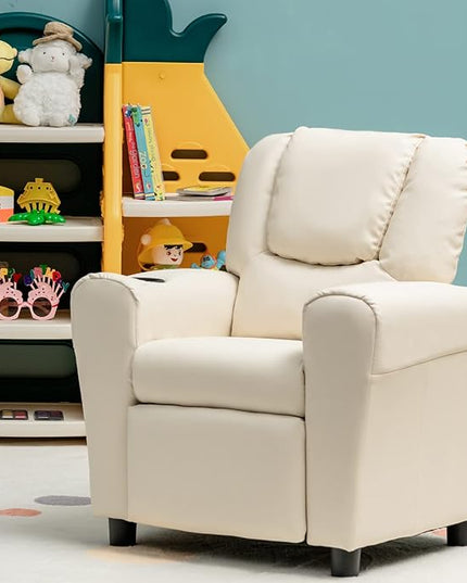 ARLIME Kids Recliner chair, toddler Armchair Upholstered Couch with Cup Holder, Backrest, baby Leather sofa with Headrest and Footrest, Child Furniture for Ages 2-7 (Beige) - LeafyLoom
