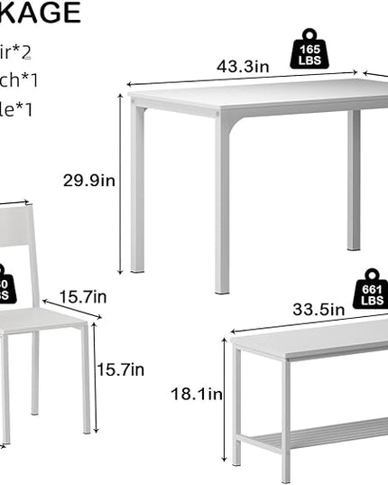 sogesfurniture 4-Piece Dining Table Set with 1 Bench and 2 Chairs, Kitchen Bench Table Set for 4, Wooden Kitchen Table and Chairs for Limited Space,White - LeafyLoom