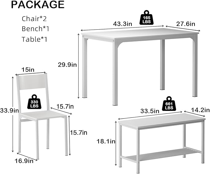sogesfurniture 4-Piece Dining Table Set with 1 Bench and 2 Chairs, Kitchen Bench Table Set for 4, Wooden Kitchen Table and Chairs for Limited Space,White - LeafyLoom