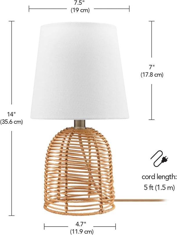 Globe Electric 61000047 14" Table Lamp, Rattan Base, White Linen Shade, On/Off Rotary Switch on Socket, Table Lamp for Living Room, Home Décor, Lamps for Bedroom, Home Improvements, Room Décor - LeafyLoom