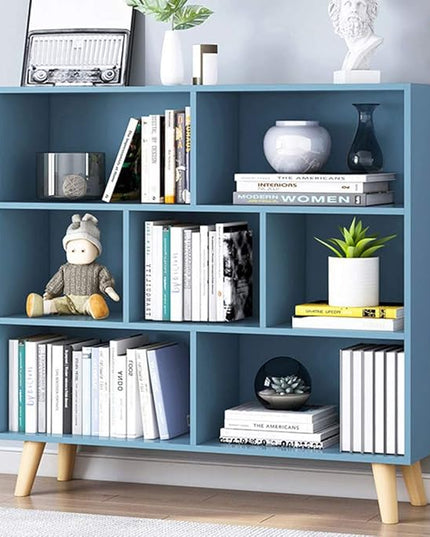 IOTXY Wooden Open Shelf Bookcase - 3-Tier Floor Standing Display Cabinet Rack with Legs, 7 Cubes Bookshelf, Bright Blue - LeafyLoom