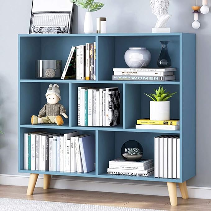 IOTXY Wooden Open Shelf Bookcase - 3-Tier Floor Standing Display Cabinet Rack with Legs, 7 Cubes Bookshelf, Bright Blue - LeafyLoom