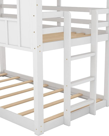 Low House Bunk Bed with Slide and Windows, Twin Over Twin Wooden Bunk Beds with Safety Guardrails for Kids Teen, Girls, Boys, White - LeafyLoom