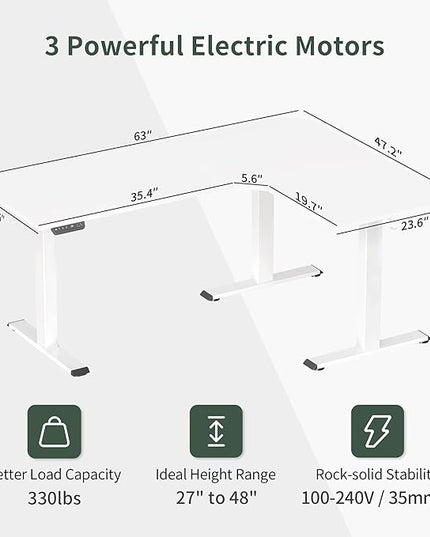 FEZIBO Triple Motor L-Shaped Electric Standing Desk, 63 Inches Height Adjustable Stand up Corner Desk, Sit Stand Workstation with Splice Board, White Frame/White Top - LeafyLoom