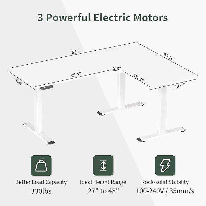 FEZIBO Triple Motor L-Shaped Electric Standing Desk, 63 Inches Height Adjustable Stand up Corner Desk, Sit Stand Workstation with Splice Board, White Frame/White Top - LeafyLoom
