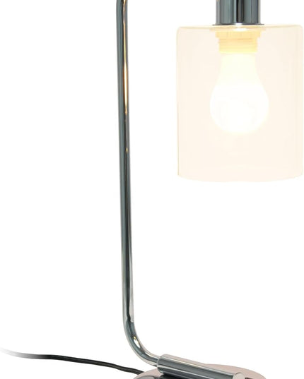 Simple Designs LD1066-CHR-LB Industrial Vintage Bronson Iron Lantern Desk Table Lamp with USB Port and Glass Cylinder Shade for Office, Living Room, Bedroom, Chrome, with Feit LED Bulb Included - LeafyLoom