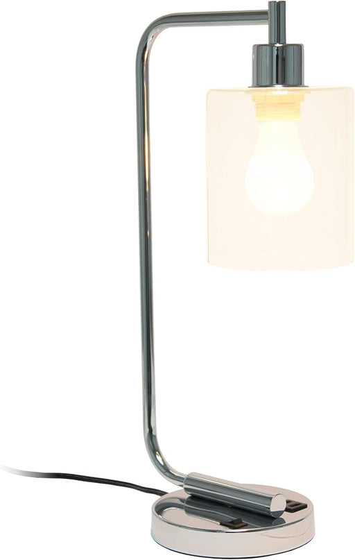 Simple Designs LD1066-CHR-LB Industrial Vintage Bronson Iron Lantern Desk Table Lamp with USB Port and Glass Cylinder Shade for Office, Living Room, Bedroom, Chrome, with Feit LED Bulb Included - LeafyLoom
