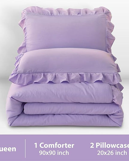 Andency Lavender Ruffle Comforter Queen(90x90Inch), 3 Pieces(1 Ruffled Comforter and 2 Pillowcases) Solid Farmhouse Shabby Chic Comforter, Vintage Rustic Soft Microfiber Bedding Set - LeafyLoom