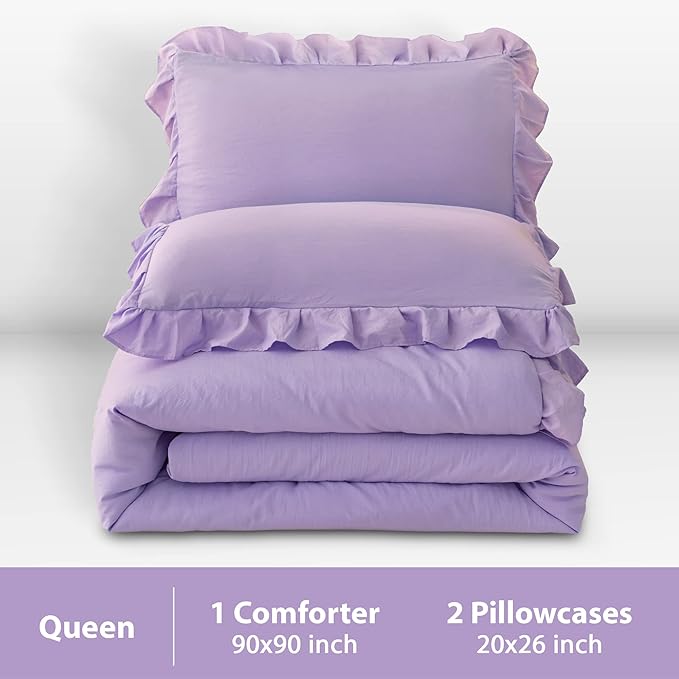Andency Lavender Ruffle Comforter Queen(90x90Inch), 3 Pieces(1 Ruffled Comforter and 2 Pillowcases) Solid Farmhouse Shabby Chic Comforter, Vintage Rustic Soft Microfiber Bedding Set - LeafyLoom