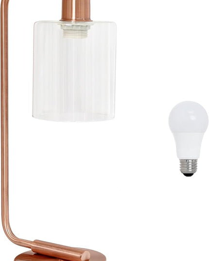 Simple Designs LD1036-RGD-LB 18.8" Industrial Bronson Antique Style Iron Lantern Desk Table Lamp with Glass Shade for Home Décor, Office, Living Room, Bedroom, Rose Gold, with Feit LED Bulb Included - LeafyLoom