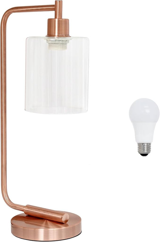 Simple Designs LD1036-RGD-LB 18.8" Industrial Bronson Antique Style Iron Lantern Desk Table Lamp with Glass Shade for Home Décor, Office, Living Room, Bedroom, Rose Gold, with Feit LED Bulb Included - LeafyLoom
