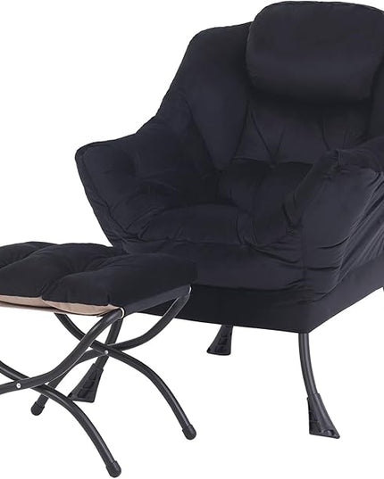 Lazy Chair with Ottoman, Modern Accent Chair Contemporary Lounge Leisure Upholstered Sofa Chair Set with Armrests, Reading Chair for Living Room, Bedroom, Office, Black - LeafyLoom