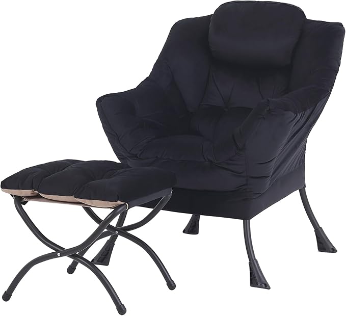 Lazy Chair with Ottoman, Modern Accent Chair Contemporary Lounge Leisure Upholstered Sofa Chair Set with Armrests, Reading Chair for Living Room, Bedroom, Office, Black - LeafyLoom