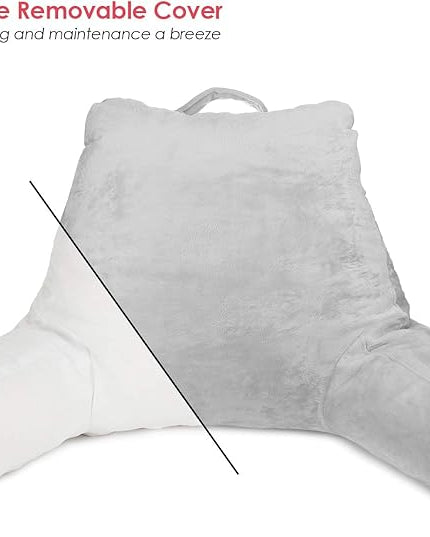 Clara Clark Reading Pillow, Standard Back Pillow for Sitting Up in Bed, Memory Foam Back Support Pillow, Reading Pillows for Sitting in Bed, Light Grey Sit Up Pillow for Bed, Arm Pillow with Pockets - LeafyLoom