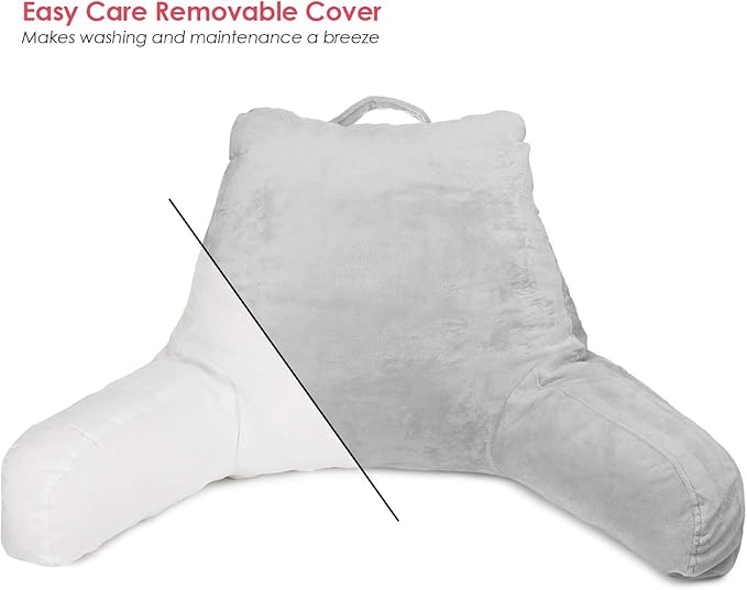 Clara Clark Reading Pillow, Standard Back Pillow for Sitting Up in Bed, Memory Foam Back Support Pillow, Reading Pillows for Sitting in Bed, Light Grey Sit Up Pillow for Bed, Arm Pillow with Pockets - LeafyLoom