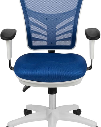 Flash Furniture Nicholas Mid-Back Blue Mesh Multifunction Executive Swivel Ergonomic Office Chair with Adjustable Arms and White Frame - LeafyLoom