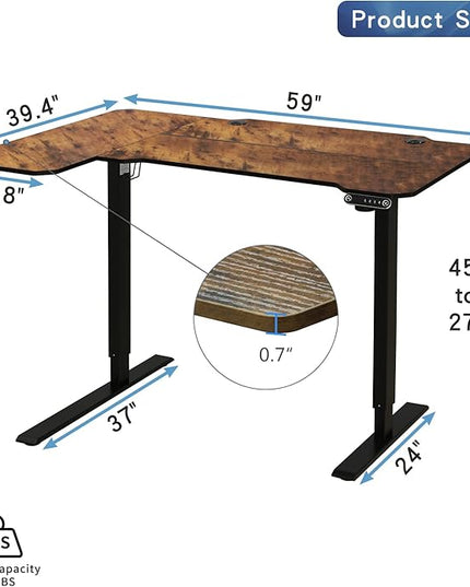 Adjustable Height L-Shaped Electric 59 Inch Sit-Stand Computer Desk with 3 Splice Boards, Lockable Casters-Ideal for Home Office, 59Inch, Rustic Brown - LeafyLoom