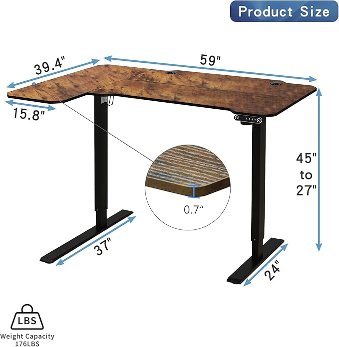 Adjustable Height L-Shaped Electric 59 Inch Sit-Stand Computer Desk with 3 Splice Boards, Lockable Casters-Ideal for Home Office, 59Inch, Rustic Brown - LeafyLoom