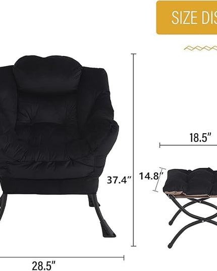 Welnow Lazy Chair with Ottoman, Modern Lounge Accent Chair with Armrests and a Side Pocket, Leisure Upholstered Sofa Chair Set, Reading Chair with Footrest for Small Space, Corner Chair, Black - LeafyLoom