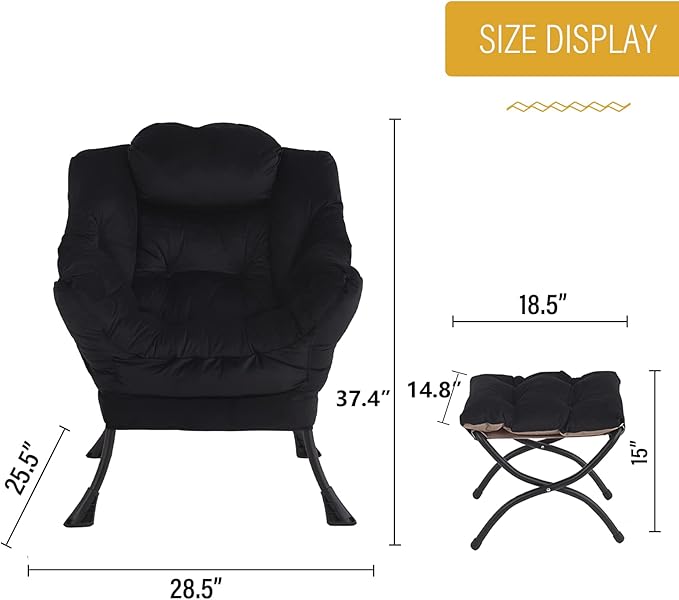 Welnow Lazy Chair with Ottoman, Modern Lounge Accent Chair with Armrests and a Side Pocket, Leisure Upholstered Sofa Chair Set, Reading Chair with Footrest for Small Space, Corner Chair, Black - LeafyLoom