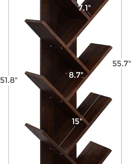 VASAGLE Tree Bookshelf, 9-Tier Bookcase, Large Bookshelf, Space-Saving Corner Shelf, Book Tree, Holds Books, CDs, Games, for Bedroom, Living Room, Home Office, Walnut Color ULBC11BY - LeafyLoom