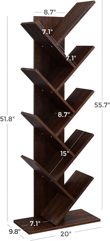 VASAGLE Tree Bookshelf, 9-Tier Bookcase, Large Bookshelf, Space-Saving Corner Shelf, Book Tree, Holds Books, CDs, Games, for Bedroom, Living Room, Home Office, Walnut Color ULBC11BY - LeafyLoom