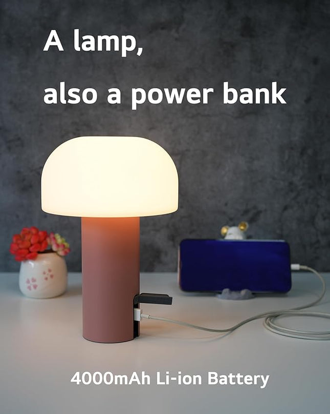 Outdoor Mushroom Table Lamp Rechargeable, Cordless Lamps for Patio Waterproof, Portable Battery Operated Lamp with USB Charging, Touch Dimming Night Light for Home/Porch/Restaurant (Pink) - LeafyLoom
