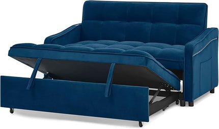Functional Love Seat Sofabed W/TypeC & USB Port and Copper Nail Decor, Modern Loveseat Sofa Convertible Pull Out Sleeper Couch Bed for Apartment Office Living Room, 53.", Blue-1413 - LeafyLoom