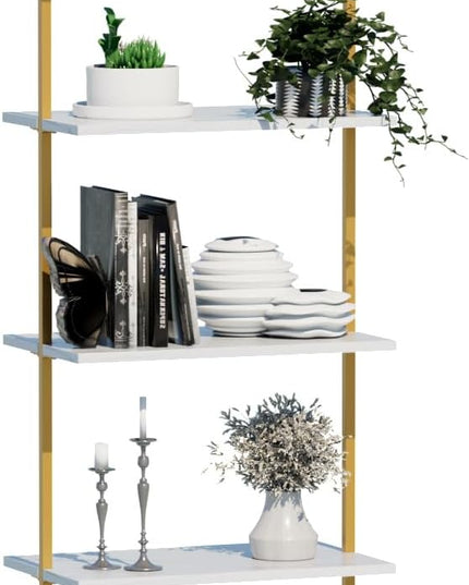 aboxoo Ladder Shelf 5 Tiers Metal Industrial Bookshelf,Small White Faux Marble Wood Tall Open Storage Rack and Display Shelves,Wall Mounted Wide Book Case for Home Office Bedroom - LeafyLoom