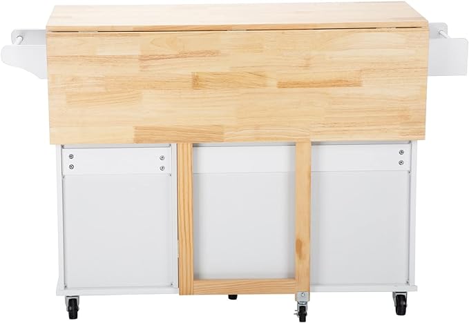 Mobile Kitchen Island with Extensible Rubber Wood Table Top,Adjustable Shelf Inside, Cabinets Cart w/ 3 Storage Drawers,Spice Towel-Rack,for Dining Room Bar,White, 53.93" L x 17" W x 36.22" H - LeafyLoom